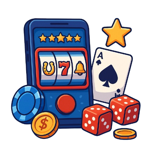 Mobile phone with slot game and casino-themed items like chips, cards, and dice